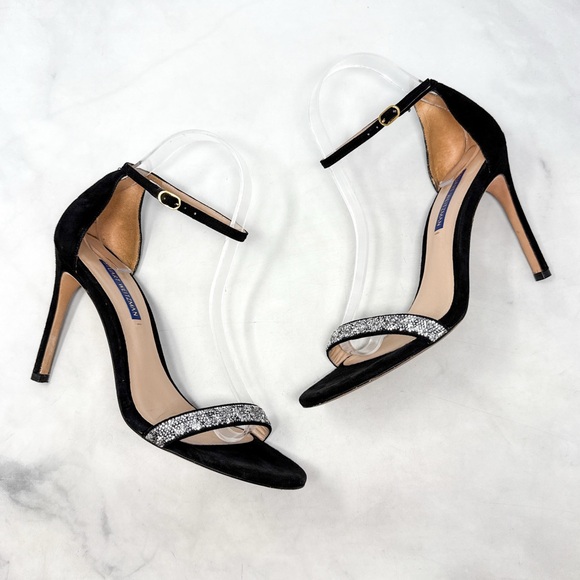 Stuart Weitzman Nudist Nudistsong Crystal Rhinestone Suede Sandal Heels Black 8 - Picture 1 of 16